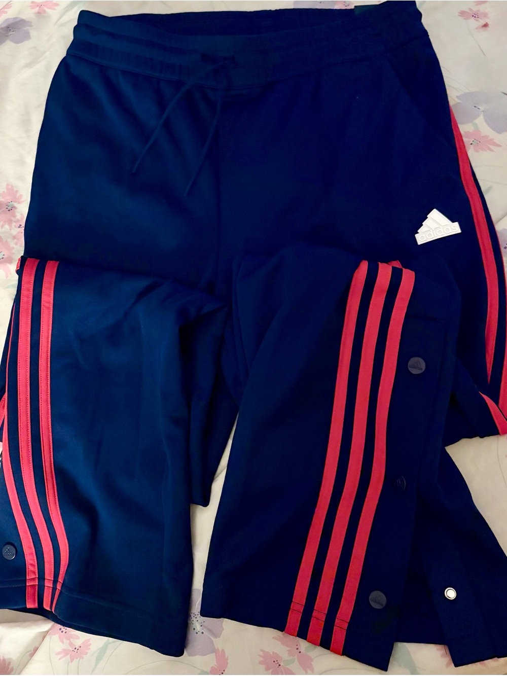 Adidas Women’s Navy Track Pants with Red Side Stripes and snap buttons on legs